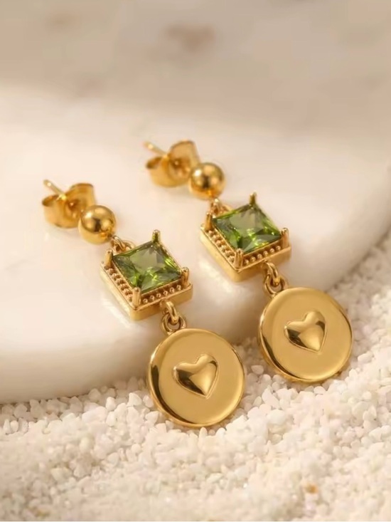 Anthropologie Jewelry - Gold-Tone Green Crystal Drop Heart Earrings and Bracelet SET